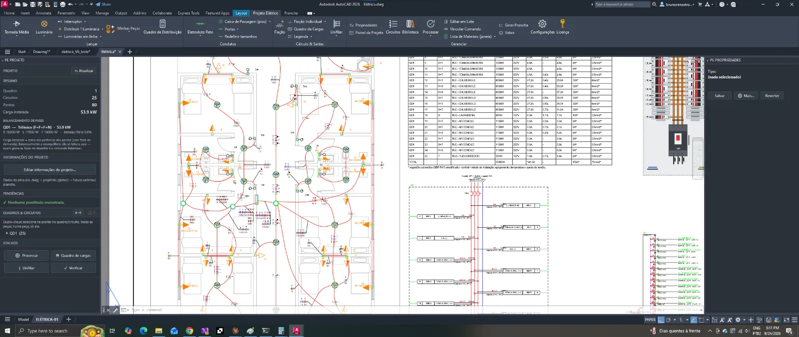 AutoCAD com a aba ArgoPower: planta com pontos, eletrodutos e fiação, quadro de cargas, unifilar e vista do quadro